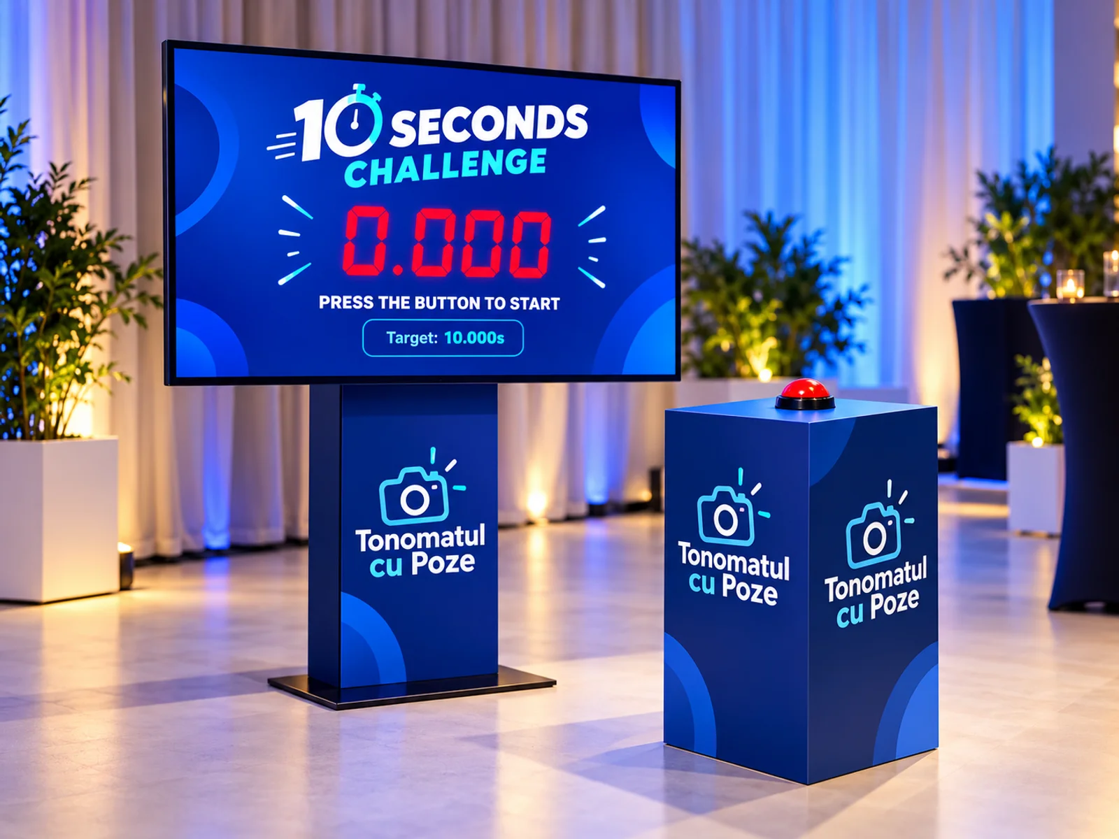 10 Seconds Challenge cu ecran digital și buton fizic pe podium