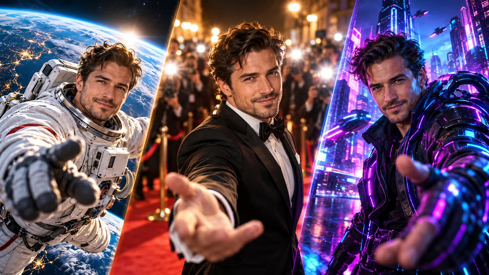 Concept AI Videobooth: portret transformat în astronaut, invitat pe covorul roșu și personaj futurist