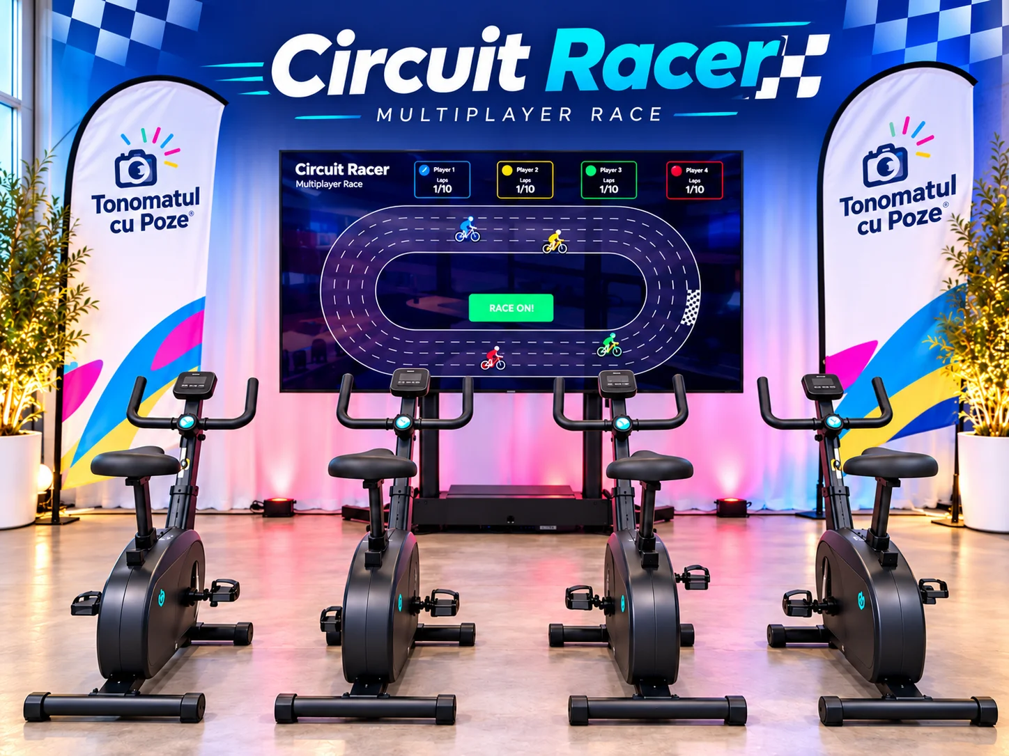 Circuit Racer cu patru biciclete fitness și ecran pentru cursa multiplayer